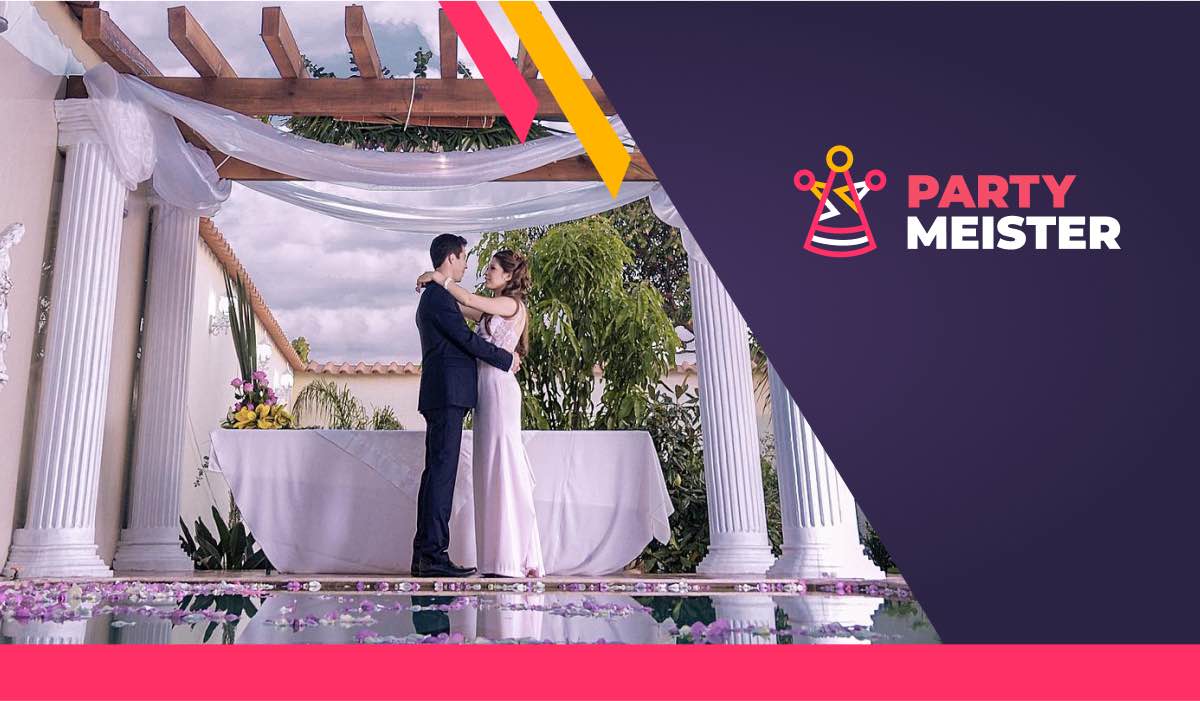 PartyMeister promotional banner with a wedding couple at the altar