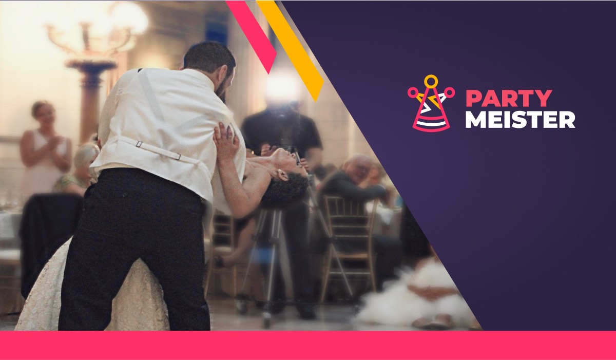 PartyMeister promotional banner with the wedding couple dancing in front of guests
