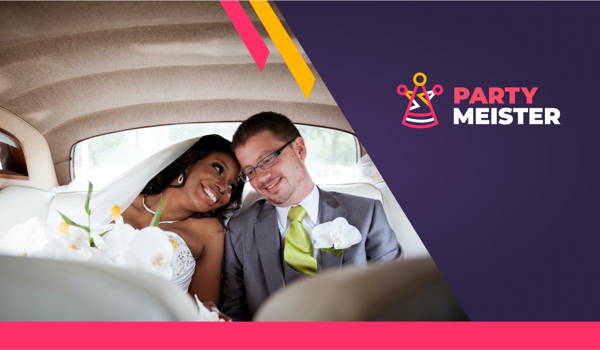 Bride and groom in the backseat of a car. PartyMeister logo