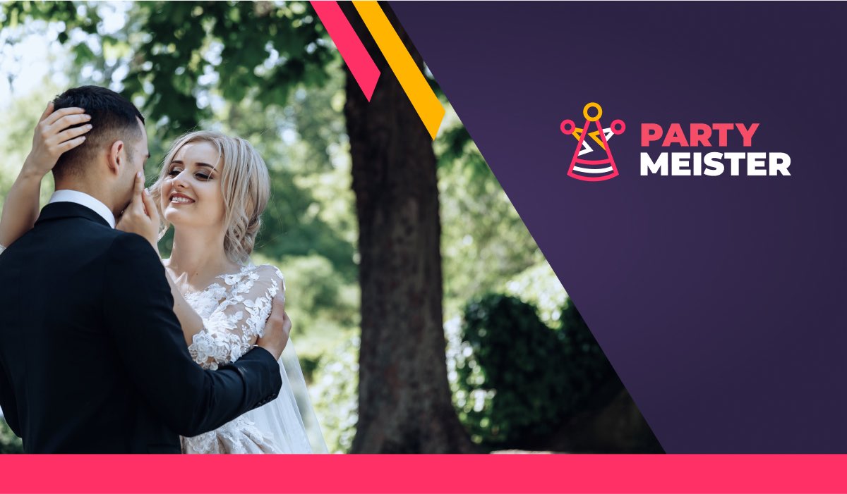 PartyMeister promotional banner with a groom and a bride embracing