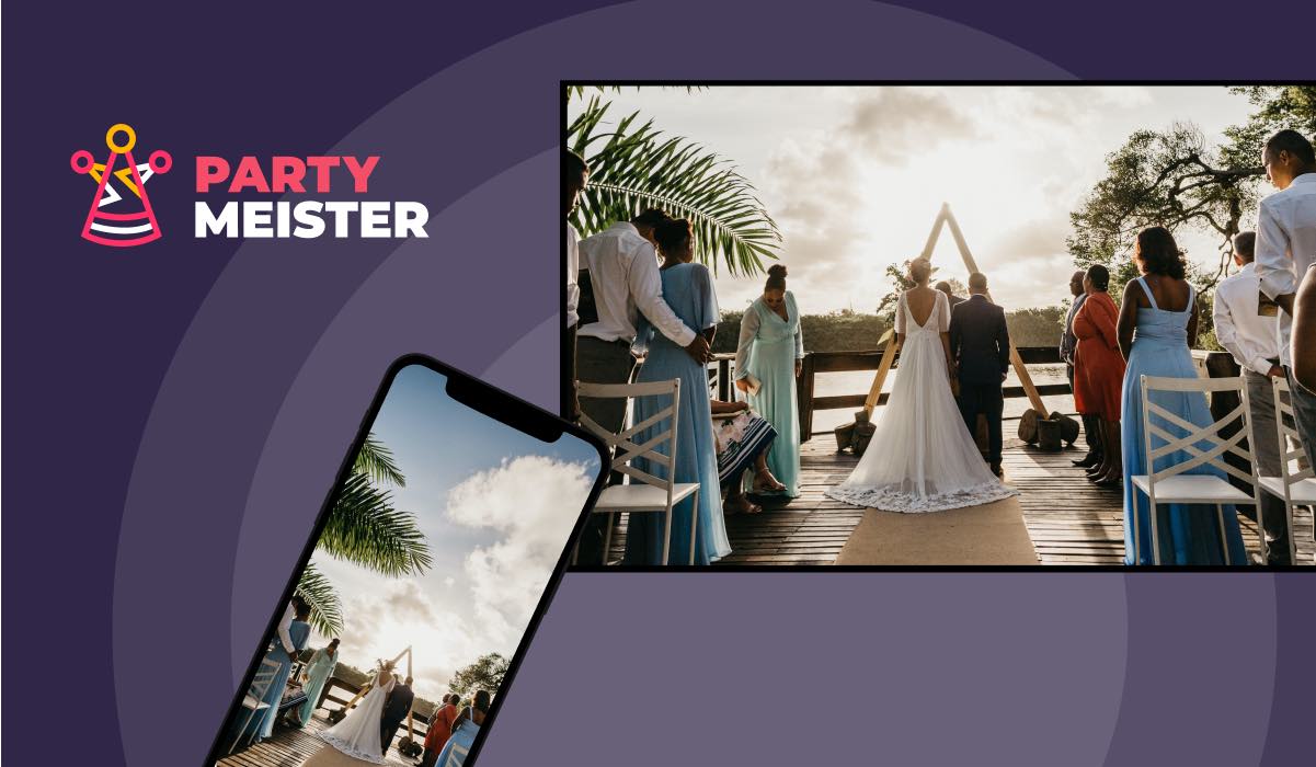 PartyMeister banner with a smartphone mirroring an image of a wedding couple during a sunset to a Smart TV