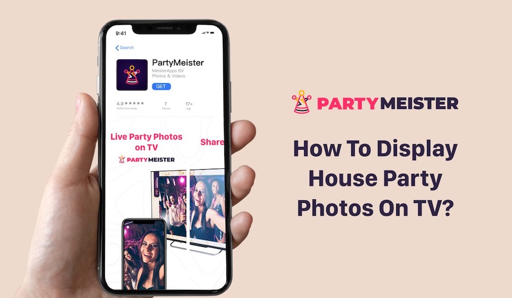 Featured image showing PartyMeister on iPhone and a header "How To Display Party Photos On TV?"