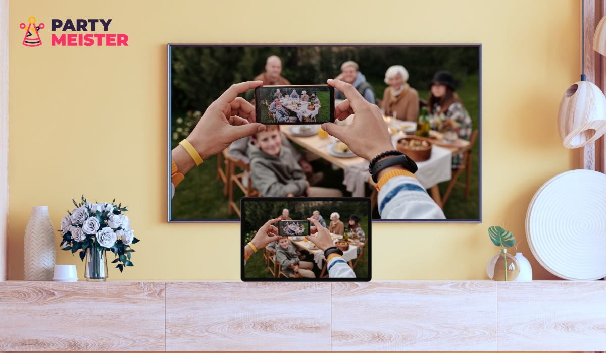 A garden party photo on a tablet and TV screen.