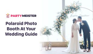 Bride and groom kissing at the altar. The header on the left says "Polaroid photo booth at your wedding guide" and there's a partymeister logo above it