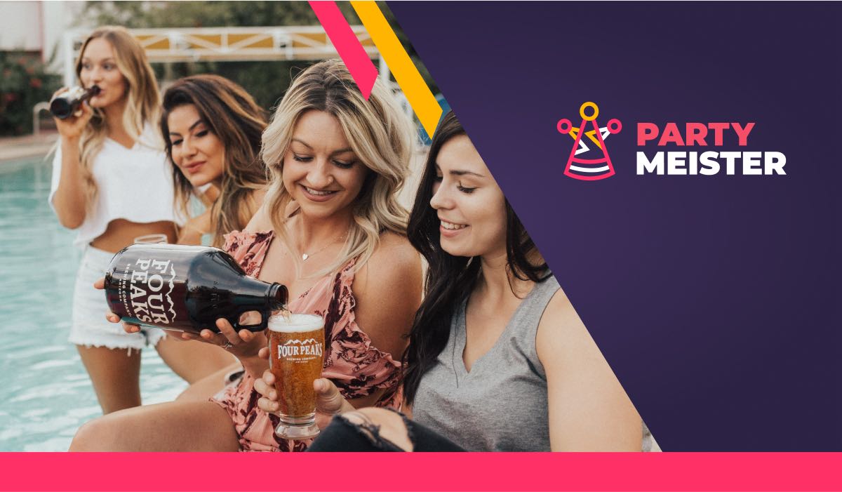 Four women, one with a beer bottle, one sitting, one pouring beer from a large bottle and one with a glass. A PartyMeister logo