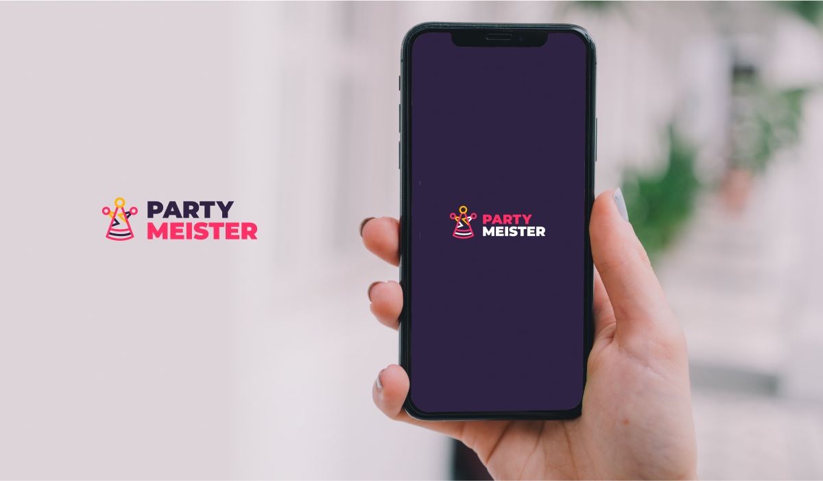 A hand holding an iPhone with the PArtyMeister logo on the screen. A PartyMeister logo next to it.