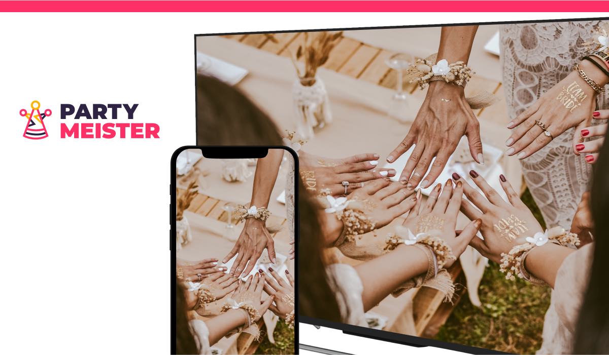 An iPhone mirroring an image of women showing their hands above a table to a Smart TV. A PartyMeister logo