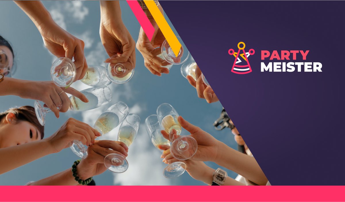 PartyMeister banner with the logo and a downside image of women toasting with glasses of champagne