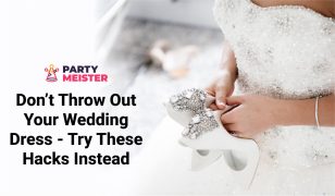 A featured image with a closeup on bride's hands. She's wearing a wedding dress and holding bejeweled shoes. The header on the left side says "Don't Throw Out Your Wedding Dress - Try These Hacks Instead" and there's a PartyMeister logo above it