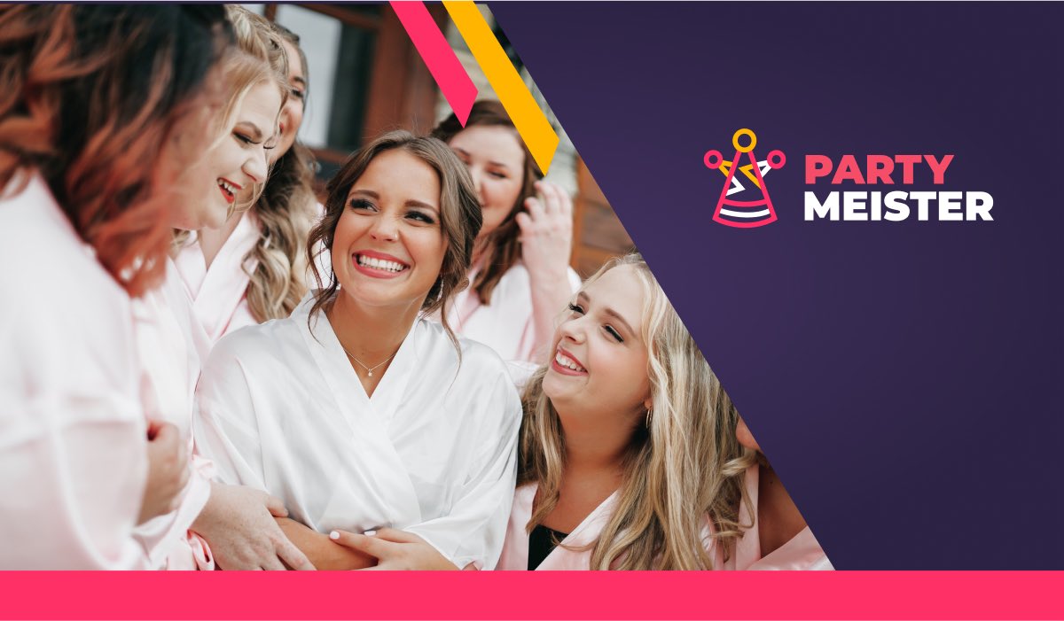Bride surrounded by bridesmaids during a bachelorette party. PartyMeister logo