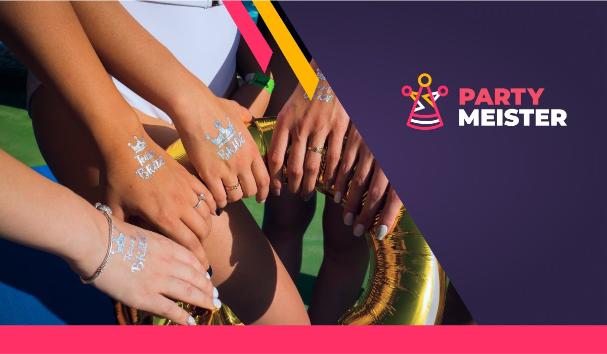Bachelorette party guests with temporary tattoos on their hands, and a PartyMeister logo