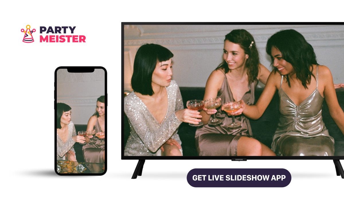PartyMeister promotional banner with an iPhone and a Smart TV displaying the same image of three women in dresses, toasting drinks
