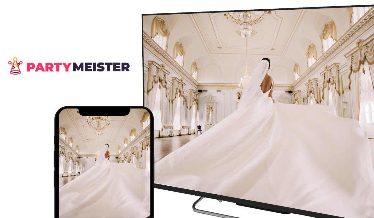 An iPhone and a Smart TV displaying the same image of a bride in a large wedding dress, seen from the back