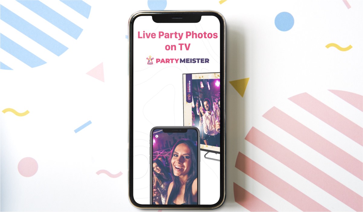 A full screen graphic describing PartyMeister features on an iPhone